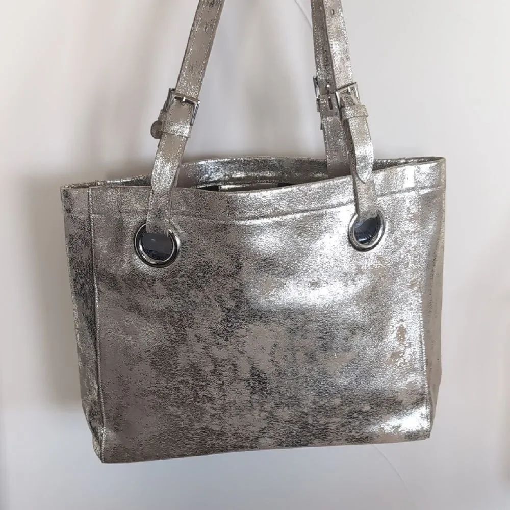 CoFi ERIN Metallic Suede XL Leather Tote Double Adj Handles In Platinum NWOT